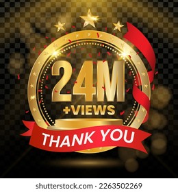 24M+ Views Logotype with Gold and red Confetti Isolated on Black Background(PNG), Vector design for video display celebration. svg