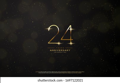 24th anniversary background with an illustration of golden figures there is a ray of light in front of a black background.