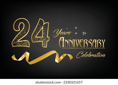 24th Anniversary Celebrating golden text and confetti on dark background with numbers. 