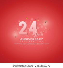 24th Anniversary celebration, 24 Anniversary celebration, Realistic 3d sign, stars, festive illustration, red background with Pink number 24 sparkling confetti, 24,25 
