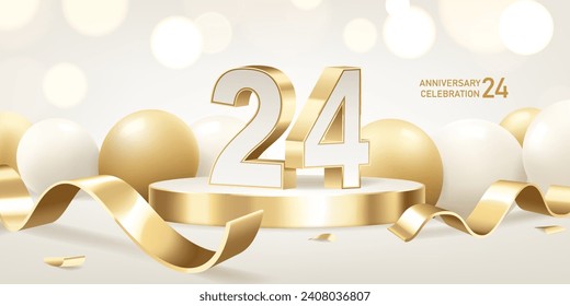 24th Anniversary celebration background. Golden 3D numbers on round podium with golden ribbons and balloons with bokeh lights in background.