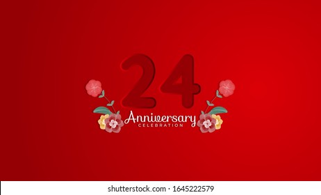 24th Anniversary celebration. Emboss number with Gradient red background and flowers decoration. Modern elegant simple background design vector EPS 10. Can be used for company or wedding.