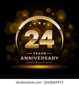 24th Anniversary Celebration. Logo design with golden ring and text for anniversary celebration event, invitation, wedding, greeting card, banner, poster, flyer, brochure. Logo Vector Template