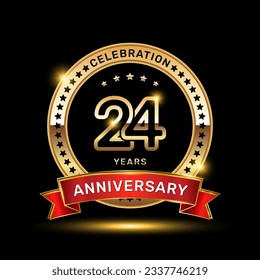 24th anniversary celebration logo design with golden color emblem style and red ribbon, vector template