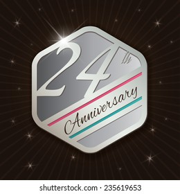 24th Anniversary - Classy and Modern silver emblem / Seal / Badge - vector illustration on  rays and stars background 