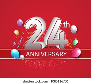 24th anniversary design red background with balloons and confetti for company celebration event 