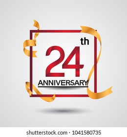 24th anniversary design with red color in square and golden ribbon isolated on white background for celebration