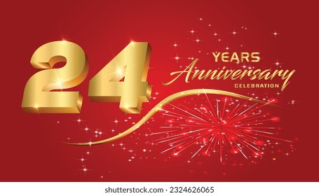 24th Anniversary fireworks and celebration background.Golden 3D lettering and a gold ribbon on dark red background,vector design for celebration, invitation card, and greeting card.