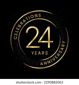 24th anniversary, golden anniversary with a circle, line, and glitter on a black background.