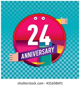 24th anniversary logo with colorful circle badge. Anniversary signs illustration. Vibrant colors anniversary logo with geometric shape and circle ring