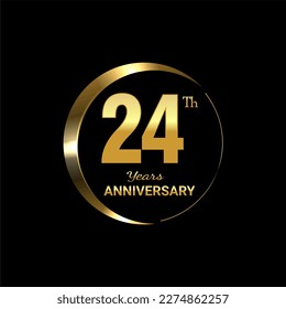 24th Anniversary logo design with golden number and text for anniversary celebration event, invitation, wedding, greeting card, banner, poster, flyer, brochure, book cover. Logo Vector Template.