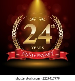 24th Anniversary. Anniversary logo design with Laurel wreath and red ribbon for celebration event, wedding, invitation, greeting card. Vector illustration
