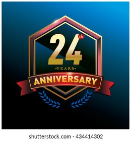 24th anniversary logo with gold ring and red ribbon. Anniversary signs illustration. Gold anniversary logo design and illustration