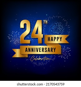 24th anniversary logo with golden ribbon for booklets, leaflets, magazines, brochure posters, banners, web, invitations or greeting cards. Vector illustrations.