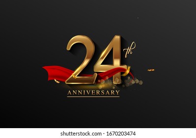 24th anniversary logo with red ribbon and golden confetti isolated on elegant background, sparkle, vector design for greeting card and invitation card.