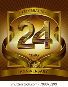 24th anniversary logo. Vector and illustration shiny gold ribbon