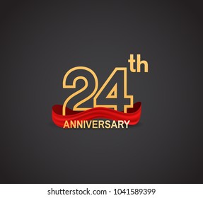 24th anniversary logotype design with line golden color and red ribbon for celebration isolated on dark background