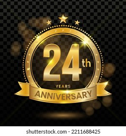 24th Anniversary Logotype with Gold Confetti Isolated on Black Background, Vector Design for Greeting Card and Invitation Card