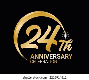 24th Anniversary ordinal number Counting vector art illustration in stunning font on gold color on black background