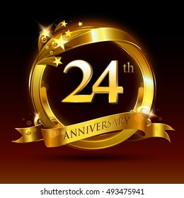 24th golden anniversary logo, 24 years anniversary celebration with ring and ribbon.