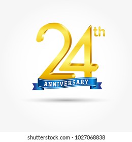 24th golden Anniversary logo with blue ribbon isolated on white background. 3d gold 24th Anniversary logo