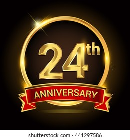 24th golden anniversary logo with ring and red ribbon isolated on black background, vector design for birthday celebration, marriage, corporate, and your business.