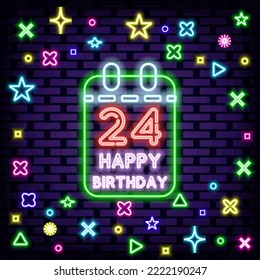 24th Happy Birthday 24 Year old Badge in neon style. On brick wall background. Announcement neon signboard. Trendy design elements. Vector Illustration