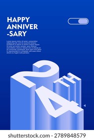 24th Modern anniversary poster template featuring a bold 3d isometric number on a vibrant blue background.