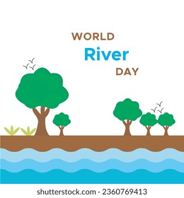 24th September month river happy river day vector illustration banner poster design with green trees plants flying birds earth and river water waves 