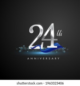 24th silver anniversary logo with blue ribbon isolated on elegant background, sparkle, vector design for greeting card and invitation card.