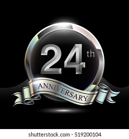 24th silver anniversary logo, vector celebration design with ring and ribbon.