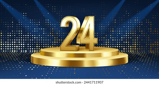 24th Year anniversary celebration background. Golden 3D numbers on a golden round podium, with lights in background.