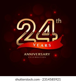 24th year anniversary celebration logo design with a golden number and red ribbon, vector template