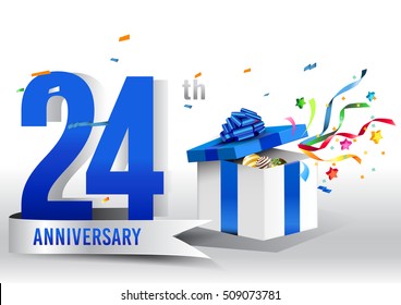 24th years anniversary background with ribbon, confetti and gift on white. Poster or brochure template. Vector illustration.