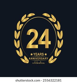 24th Years Anniversary celebration. Vector Template festive illustration Golden Color,. Birthday or wedding party event decoration.