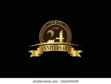 24th years anniversary logo template, vector design birthday celebration, Golden anniversary emblem with ribbon. Design for a booklet, leaflet, magazine, brochure, poster, web, invitation or greeting