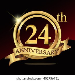 24th years golden anniversary logo celebration with ring and ribbon. Vector template elements for your birthday party.