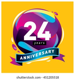 24th years greeting card anniversary with colorful number and frame. logo and icon with circle badge and background