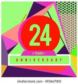 24th years greeting card anniversary with colorful number and frame. logo and icon with Memphis style cover and design template. Pop art style design poster and publication.
