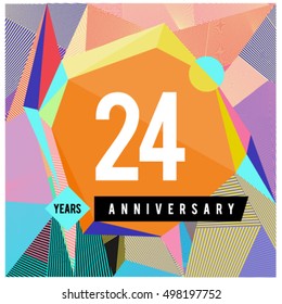 24th years greeting card anniversary with colorful number and frame. logo and icon with Memphis style cover and design template