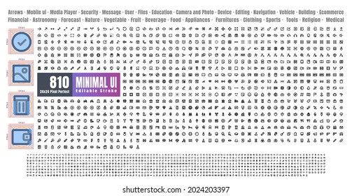 24x24 Pixel Perfect. Basic User Interface Essential Set. 810 Line Outline Icons. For App, Web, Print. Editable Stroke. 2 Pixel Stroke Wide with Round Cap and Round Corner.