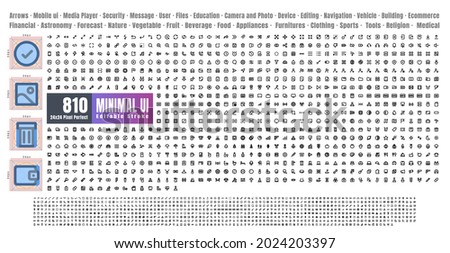 24x24 Pixel Perfect. Basic User Interface Essential Set. 810 Line Outline Icons. For App, Web, Print. Editable Stroke. 2 Pixel Stroke Wide with Round Cap and Round Corner.