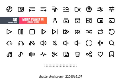 24x24 Pixel Perfect. Multimedia Players User Interface UI. Line Outline Icons. For App, Web, Print. Editable Stroke. 2 Pixel Stroke Wide with Round Cap and Round Corner.