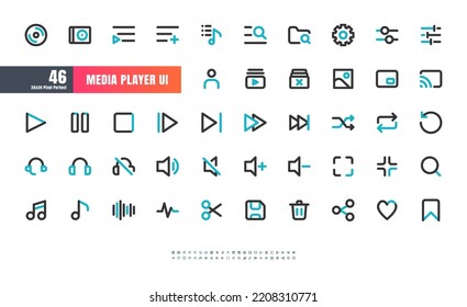 24x24 Pixel Perfecto. Interfaz de usuario de multimedia Players. Iconos de contorno de línea bicolor. Para App, Web, Print. 2 Píxel de gran ancho con tapa redonda y esquina redonda.
