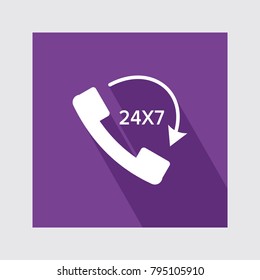 24X7 Call Flat Icon With Long Shadow.