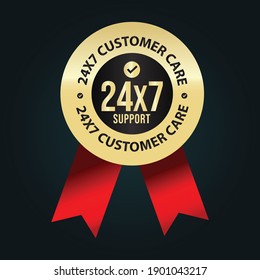 24X7 customer care service symbol with red ribbons, 24 hour support concept premium vector icon. 