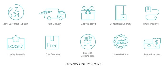 24x7 Customer Support, Fast Delivery, Gift Wrapping, Contactless Delivery, Order Tracking, Loyalty Rewards, Free Samples, Buy One Get One Free, Limited Edition, Secure Payment Icon Set