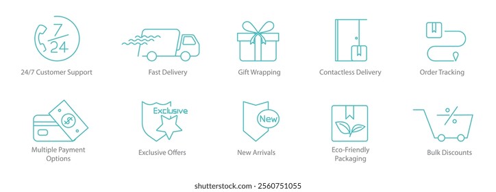 24x7 Customer Support, Free Delivery, Gift Wrapping, Contactless Delivery, Order Tracking, Multiple Payment Options, Exclusive Offers, New Arrivals, Eco-Friendly Packaging, Bulk Discounts Icon Set