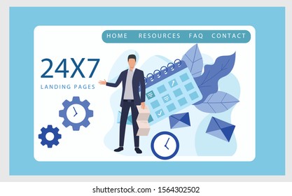 24X7 flat vector illustration concept,can be used for landing page, web page, app intro card, editorial, flyer, and banner.