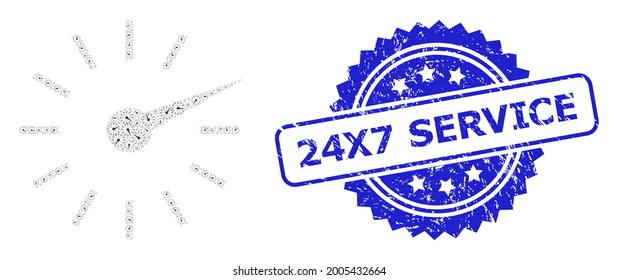24X7 Service corroded seal and vector recursive composition clockface. Blue stamp seal includes 24X7 Service tag inside rosette. Vector collage is made from recursive rotated clockface items.